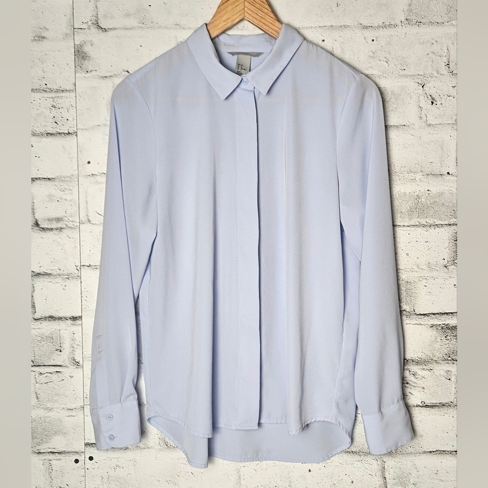 H&M Light Blue Collared Blouse Hidden Button Front Size 8